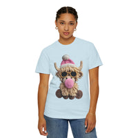 Faux Crochet Highland Cow Bubblegum - Comfort Colors | Trendy Women's T-Shirt. Direct to Garment. Printed & Shipped in the USA. Unisex Sizes.