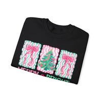 Merry & Bright Christmas - Pink & Green Holiday Tree Design – Gildan Heavy Blend | Trendy Women’s Soft Sweatshirt. Direct to Garment. Printed & Shipped in the USA. Unisex Sizes.