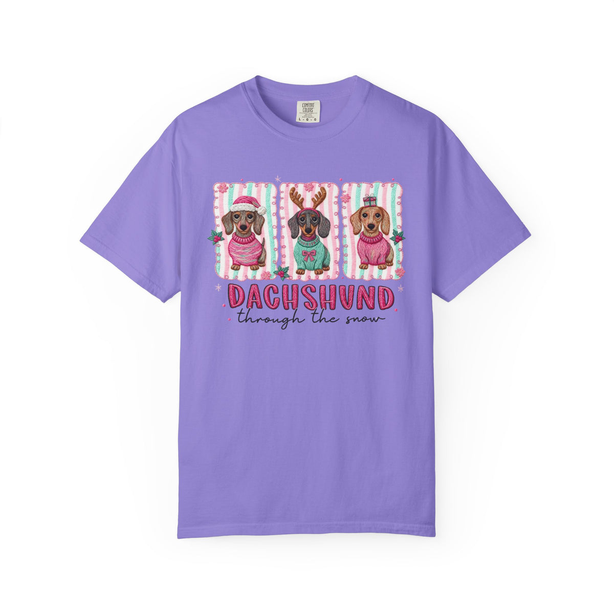 Dachshund Through the Snow - Comfort Colors | Trendy Women's T-Shirt. Direct to Garment. Printed & Shipped in the USA. Unisex Sizes.