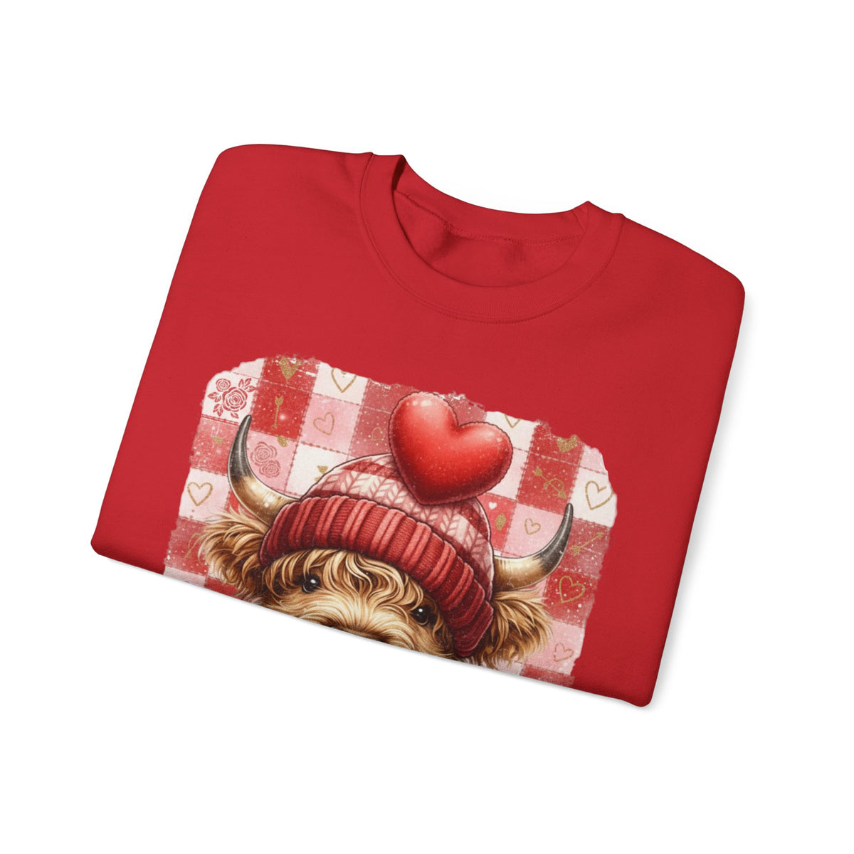 Highland Cow Be Mine, Red Checkered – Gildan Heavy Blend | Trendy Women’s Soft Sweatshirt. Direct to Garment. Printed & Shipped in the USA. Unisex Sizes.