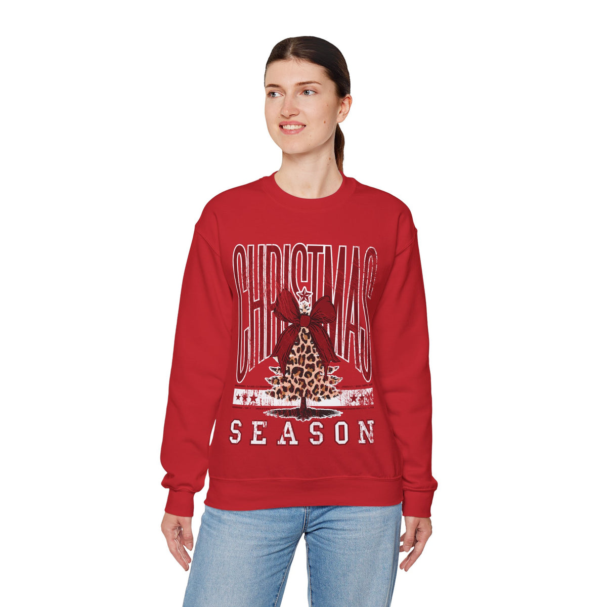 Christmas Season Leopard Tree Distressed – Gildan Heavy Blend | Trendy Women’s Soft Sweatshirt. Direct to Garment. Printed & Shipped in the USA. Unisex Sizes.