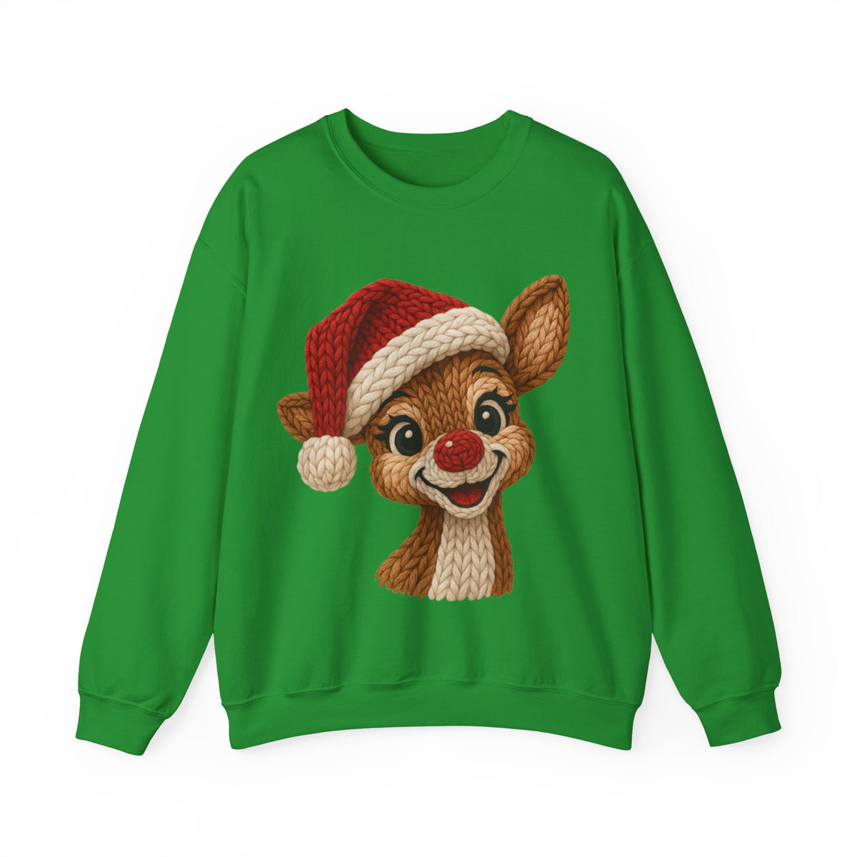 Cute Rudolph Faux Knit Look Reindeer w/Santa Hat – Gildan Heavy Blend | Trendy Women’s Soft Sweatshirt. Direct to Garment. Printed & Shipped in the USA. Unisex Sizes.