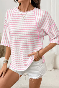 Pink Striped Half Sleeve, Classy Fit Knit Top