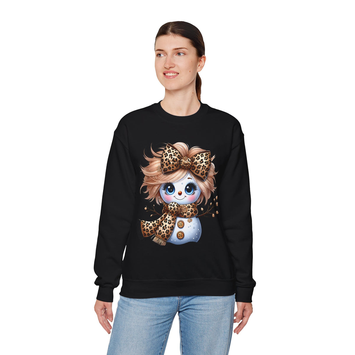 Snowgirl Cute Leopard Bow Snowman, Winter Cozy – Gildan Heavy Blend | Trendy Women’s Soft Sweatshirt. Direct to Garment. Printed & Shipped in the USA. Unisex Sizes.