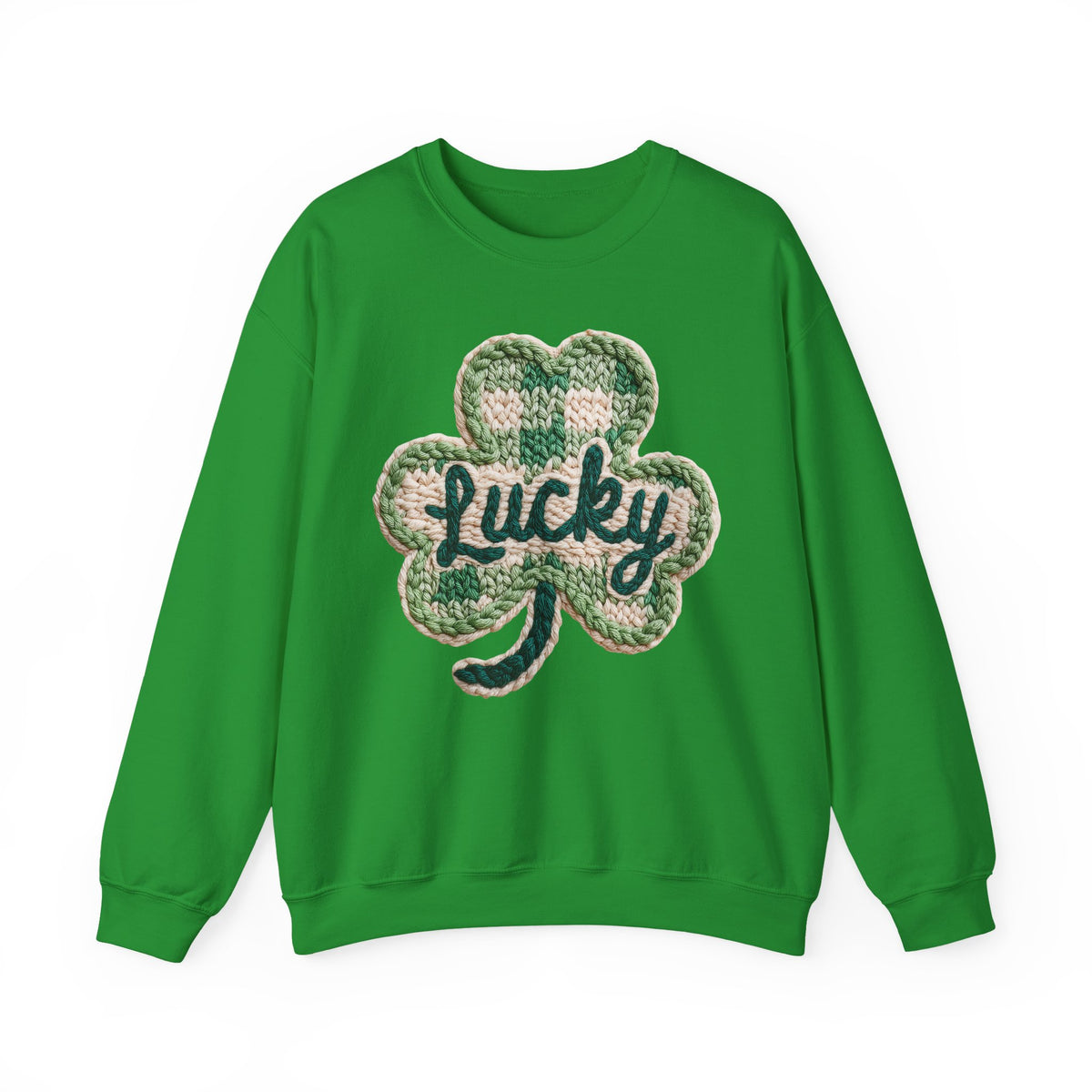 Lucky Shamrock Faux Knit – Gildan Heavy Blend | Trendy Men's and Women’s Soft Sweatshirt. Direct to Garment. Printed & Shipped in the USA. Unisex Sizes.