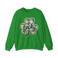 Lucky Shamrock Faux Knit – Gildan Heavy Blend | Trendy Men's and Women’s Soft Sweatshirt. Direct to Garment. Printed & Shipped in the USA. Unisex Sizes.