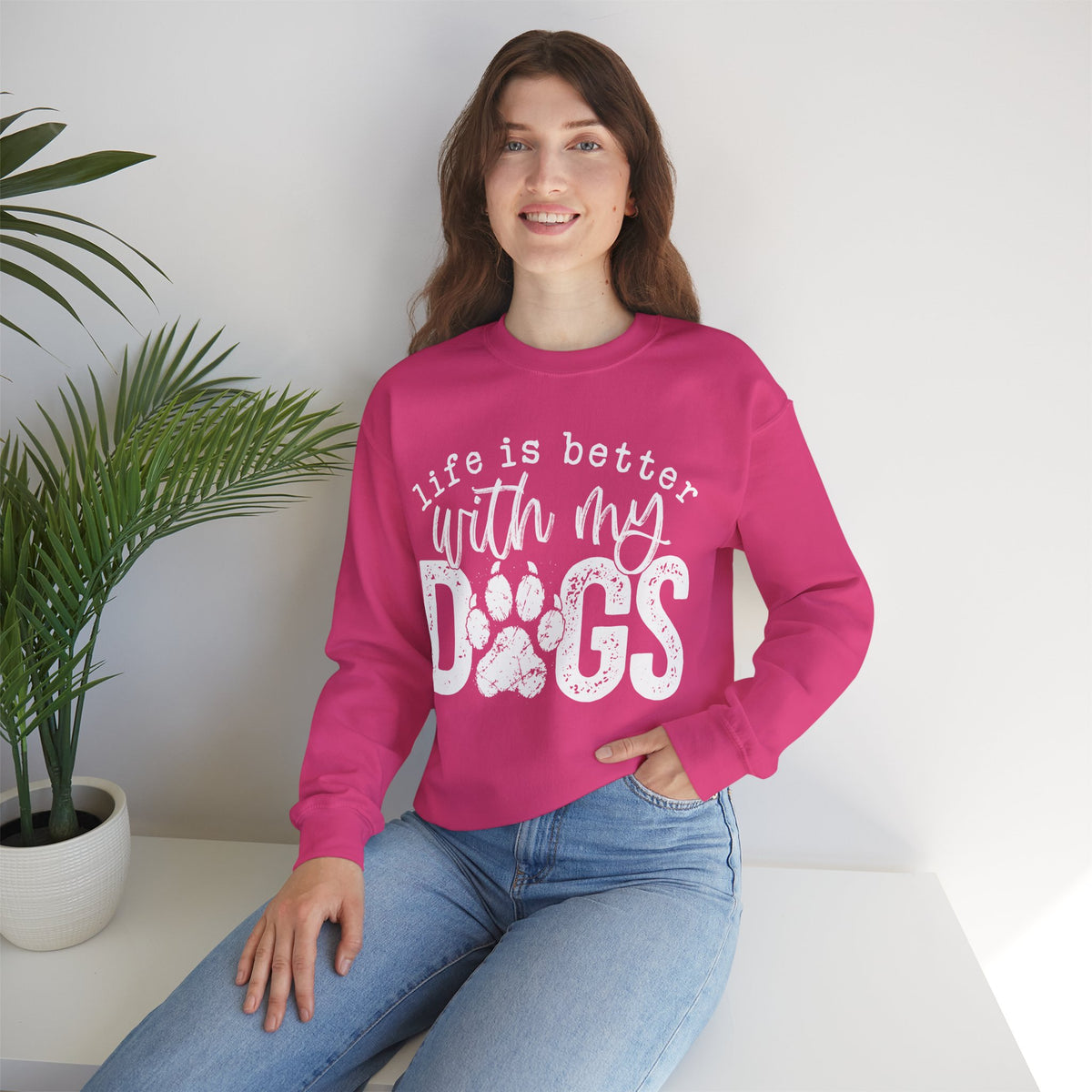 Life Is Better With My Dogs, Distressed – Gildan Heavy Blend | Trendy Women’s and Men's Soft Sweatshirt. Direct to Garment. Printed & Shipped in the USA. Unisex Sizes.