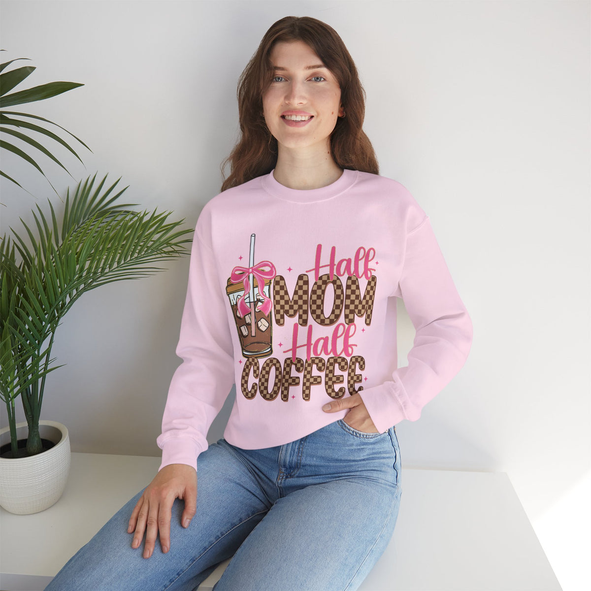 Half Mom Half Coffee, Cute Leopard Print Coffee Design – Gildan Heavy Blend | Trendy Women’s Soft Sweatshirt. Direct to Garment. Printed & Shipped in the USA. Unisex Sizes.