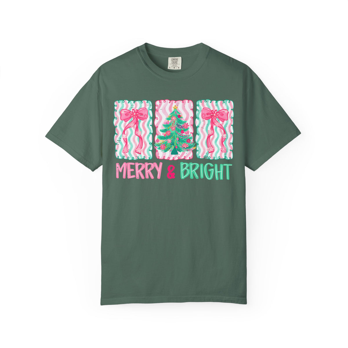 Merry & Bright Christmas — Pink & Green Holiday Tree Design - Comfort Colors | Trendy Women's T-Shirt. Direct to Garment. Printed & Shipped in the USA. Unisex Sizes.
