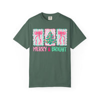 Merry & Bright Christmas — Pink & Green Holiday Tree Design - Comfort Colors | Trendy Women's T-Shirt. Direct to Garment. Printed & Shipped in the USA. Unisex Sizes.
