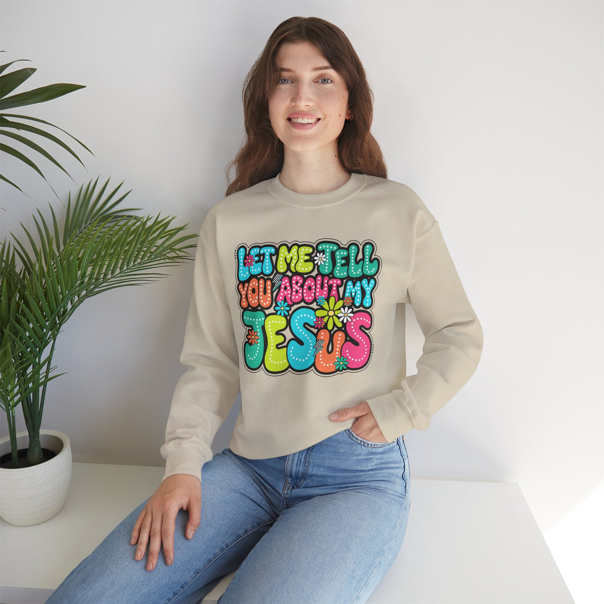 Let Me Tell You About My Jesus - Christian Colorful – Gildan Heavy Blend | Trendy Women’s Soft Sweatshirt. Direct to Garment. Printed & Shipped in the USA. Unisex Sizes.