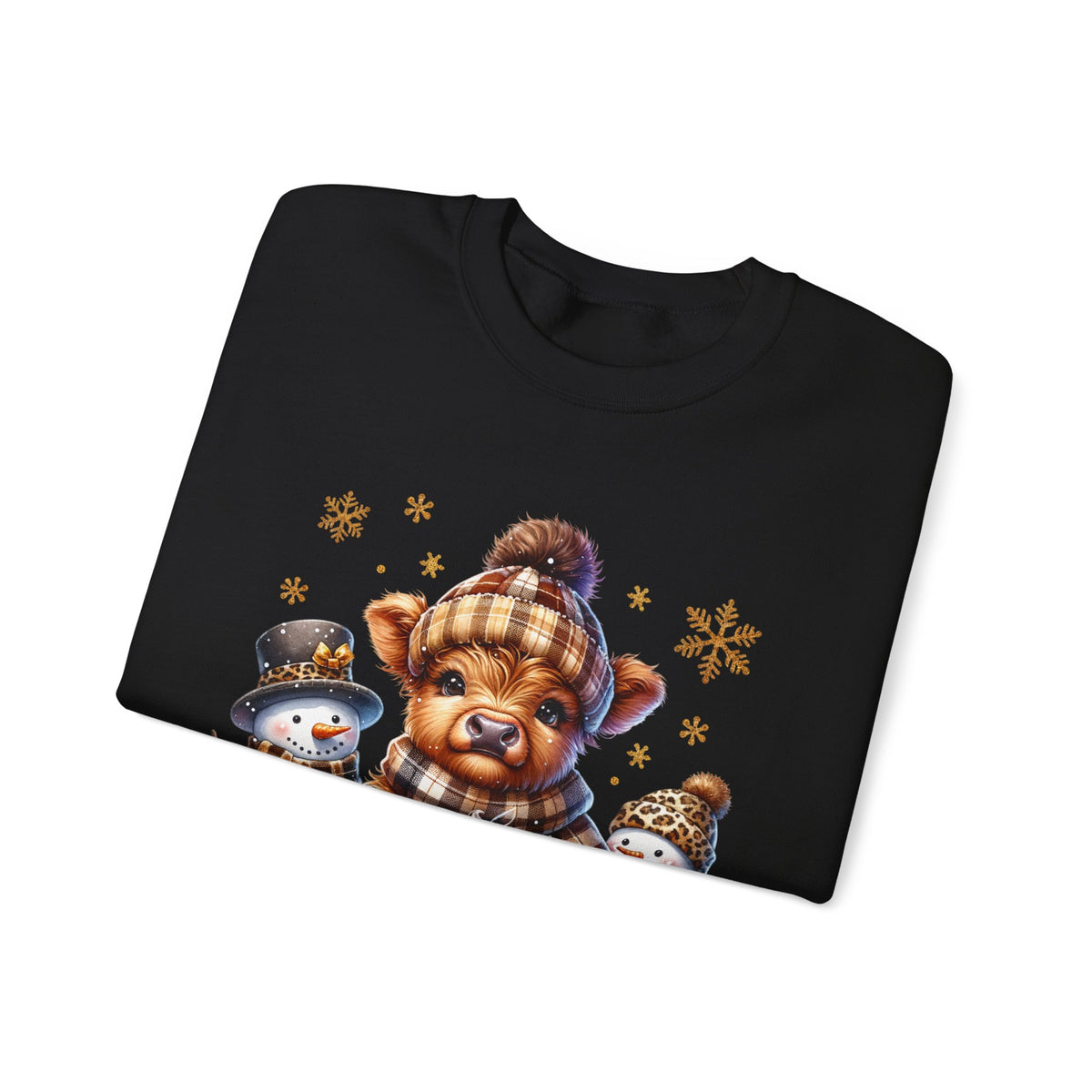 Cute Highland Cow with Snowmen, Winter – Gildan Heavy Blend | Trendy Women’s Soft Sweatshirt. Direct to Garment. Printed & Shipped in the USA. Unisex Sizes.