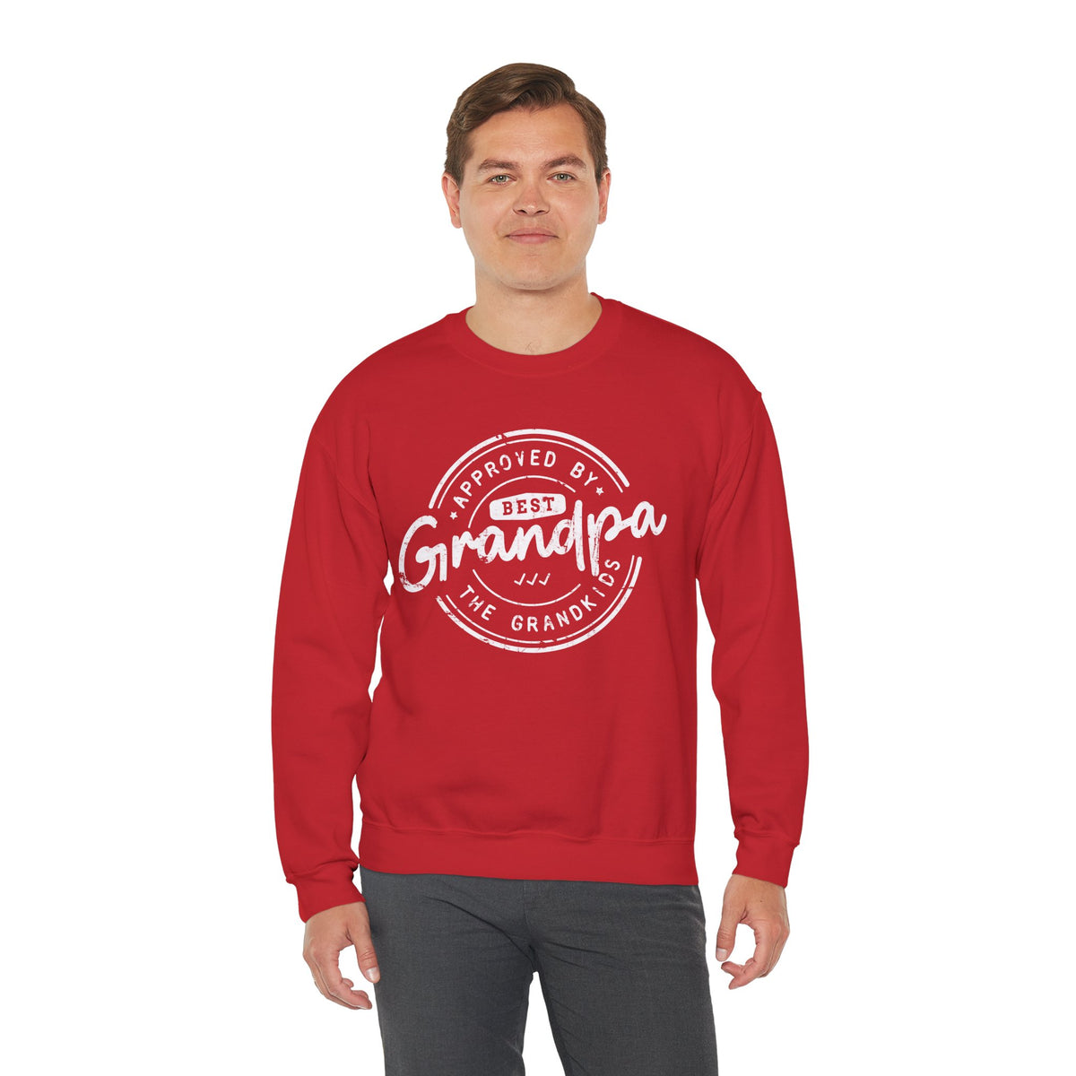 Best Grandpa, Approved by the Grandkids – Gildan Heavy Blend | Trendy Men's Soft Sweatshirt. Direct to Garment. Printed & Shipped in the USA. Unisex Sizes.