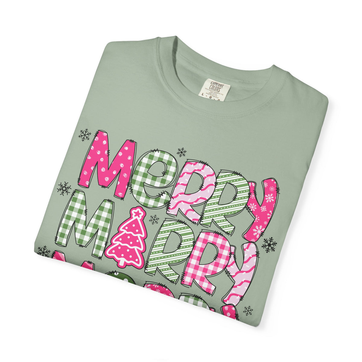Merry Merry Merry Christmas, Festive Candy Cane & Pink and Green Plaid - Comfort Colors | Trendy Women's T-Shirt. Direct to Garment. Printed & Shipped in the USA. Unisex Sizes.