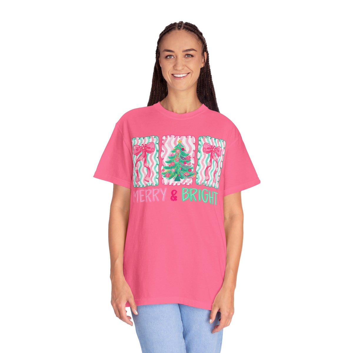 Merry & Bright Christmas — Pink & Green Holiday Tree Design - Comfort Colors | Trendy Women's T-Shirt. Direct to Garment. Printed & Shipped in the USA. Unisex Sizes.