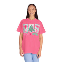 Merry & Bright Christmas — Pink & Green Holiday Tree Design - Comfort Colors | Trendy Women's T-Shirt. Direct to Garment. Printed & Shipped in the USA. Unisex Sizes.