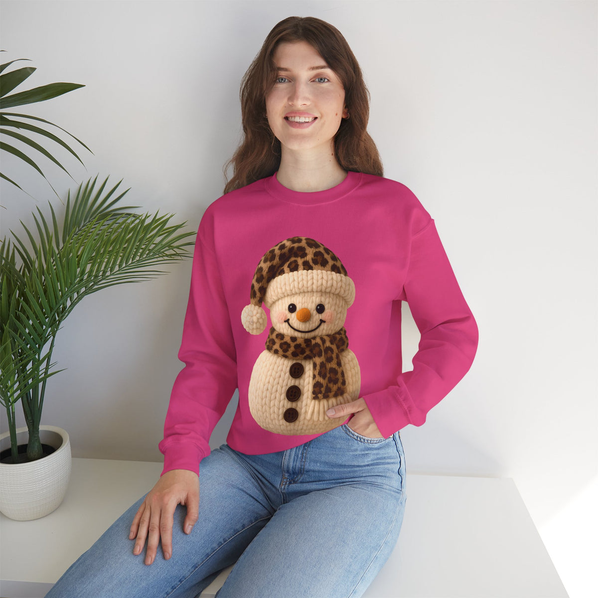 Cute Leopard Faux Knit Snowman Winter – Gildan Heavy Blend | Trendy Women’s Soft Sweatshirt. Direct to Garment. Printed & Shipped in the USA. Unisex Sizes.