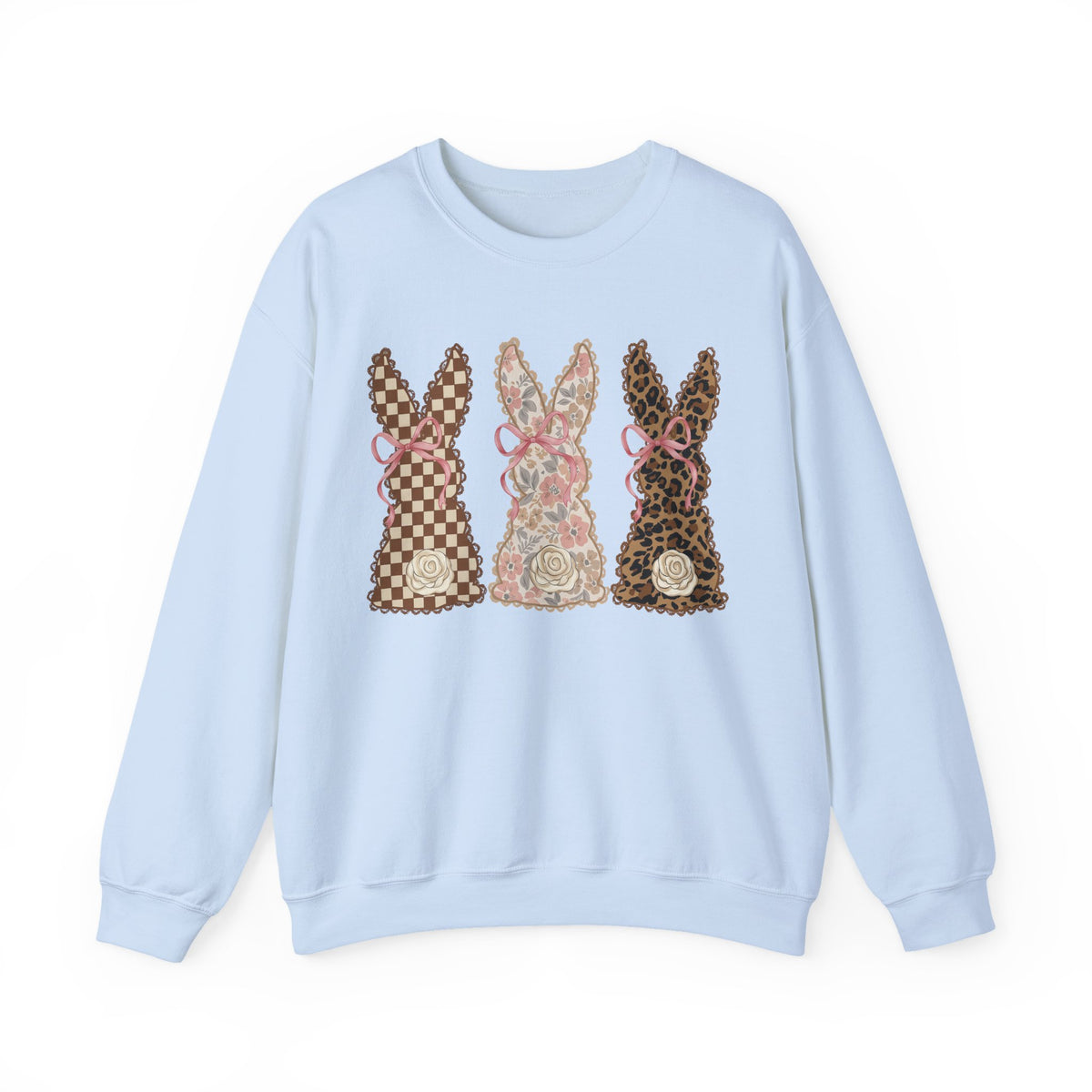 Easter Bunny Trio - Checkered, Floral & Leopard – Gildan Heavy Blend | Trendy Women’s Soft Sweatshirt. Direct to Garment. Printed & Shipped in the USA. Unisex Sizes.