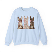 Easter Bunny Trio - Checkered, Floral & Leopard – Gildan Heavy Blend | Trendy Women’s Soft Sweatshirt. Direct to Garment. Printed & Shipped in the USA. Unisex Sizes.