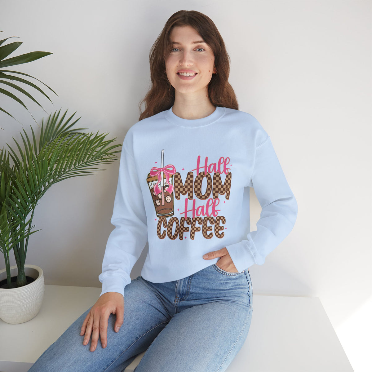 Half Mom Half Coffee, Cute Leopard Print Coffee Design – Gildan Heavy Blend | Trendy Women’s Soft Sweatshirt. Direct to Garment. Printed & Shipped in the USA. Unisex Sizes.