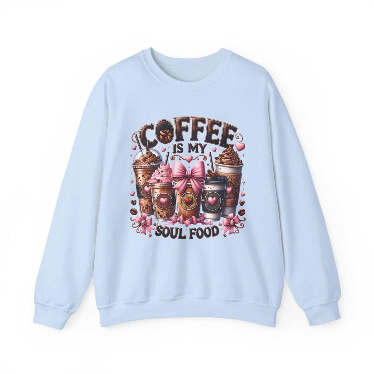 Coffee Is My Soul Food, Iced Coffee, Pink Bow – Gildan Heavy Blend | Trendy Women’s Soft Sweatshirt. Direct to Garment. Printed & Shipped in the USA. Unisex Sizes.