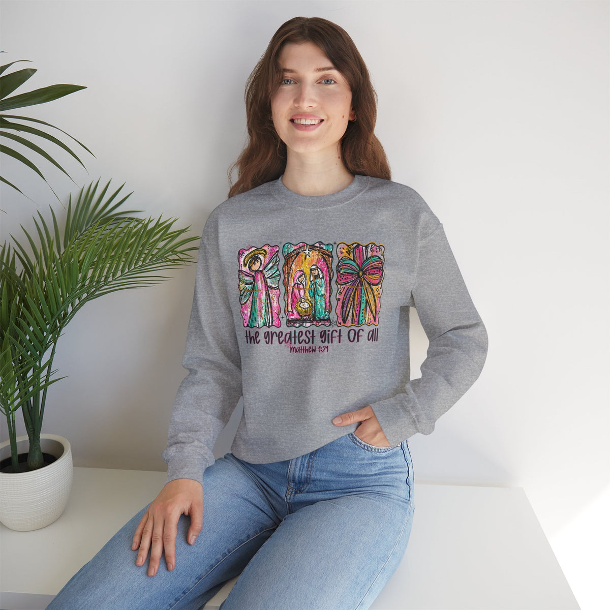 The Greatest Gift of All, Christian Tee - Preppy Watercolor – Gildan Heavy Blend | Trendy Women’s Soft Sweatshirt. Direct to Garment. Printed & Shipped in the USA. Unisex Sizes.