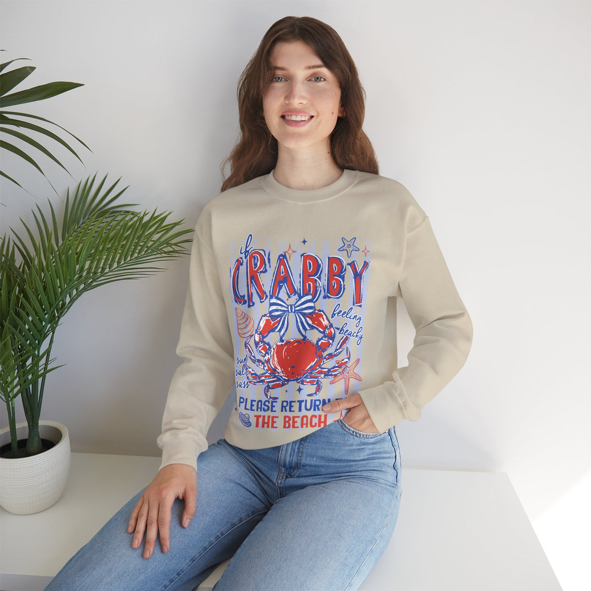 If Crabby, Please Return to Beach – Gildan Heavy Blend | Trendy Men's & Women’s Soft Sweatshirt. Direct to Garment. Printed & Shipped in the USA. Unisex Sizes.
