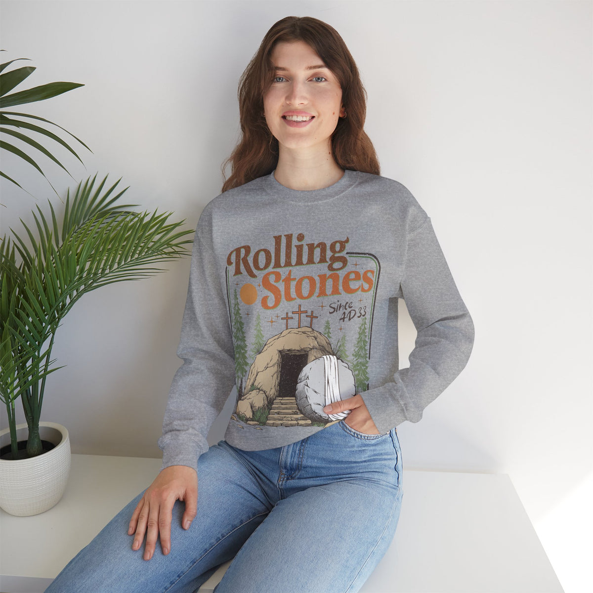 Rolling Stones "Since AD33" Easter Empty Tomb Christian – Gildan Heavy Blend | Trendy Men's and Women’s Soft Sweatshirt. Direct to Garment. Printed & Shipped in the USA. Unisex Sizes.