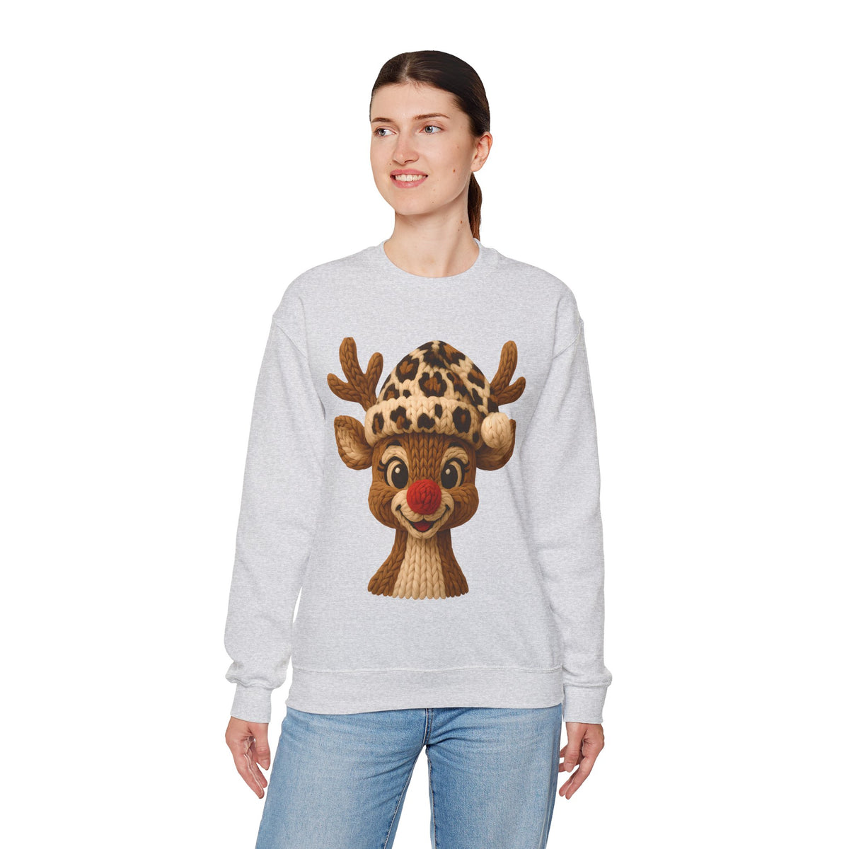 Rudolph Reindeer Leopard Santa Hat Christmas – Gildan Heavy Blend | Trendy Women’s Soft Sweatshirt. Direct to Garment. Printed & Shipped in the USA. Unisex Sizes.