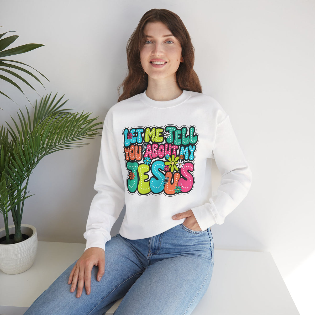 Let Me Tell You About My Jesus - Christian Colorful – Gildan Heavy Blend | Trendy Women’s Soft Sweatshirt. Direct to Garment. Printed & Shipped in the USA. Unisex Sizes.