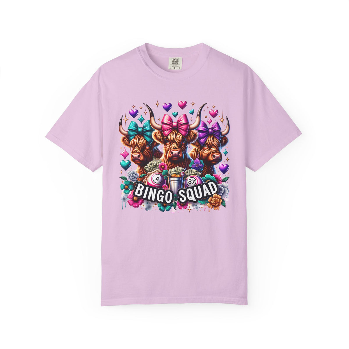 Cute Highland Cows Bingo Squad - Comfort Colors | Trendy Women's T-Shirt. Direct to Garment. Printed & Shipped in the USA. Unisex Sizes.