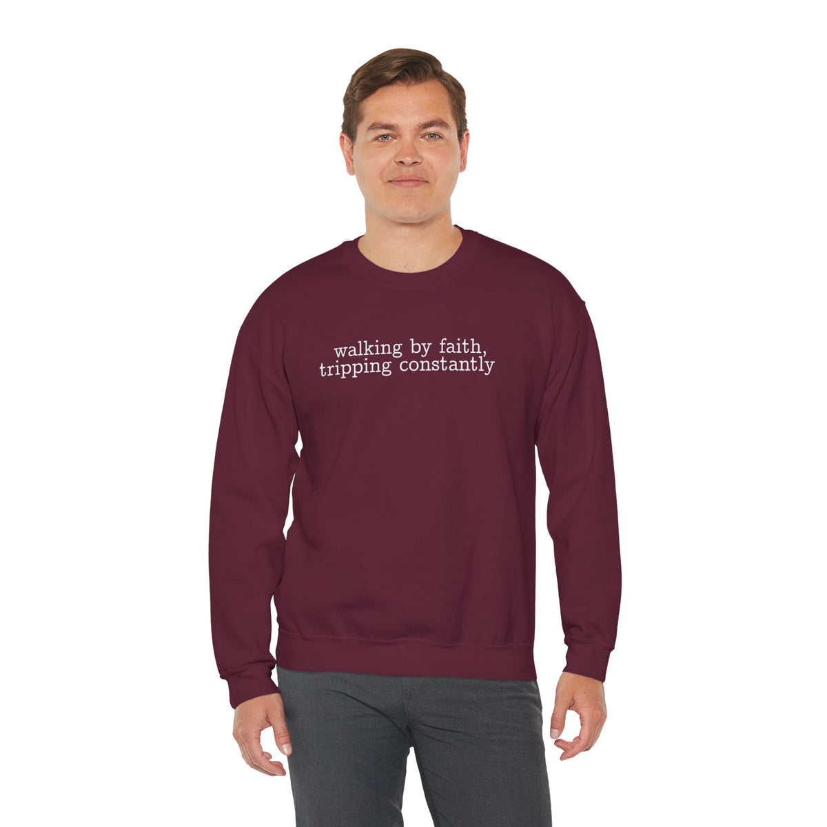 Walking By Faith, Tripping Constantly - Minimalist Design – Gildan Heavy Blend | Trendy Men's and Women’s Soft Sweatshirt. Direct to Garment. Printed & Shipped in the USA. Unisex Sizes.