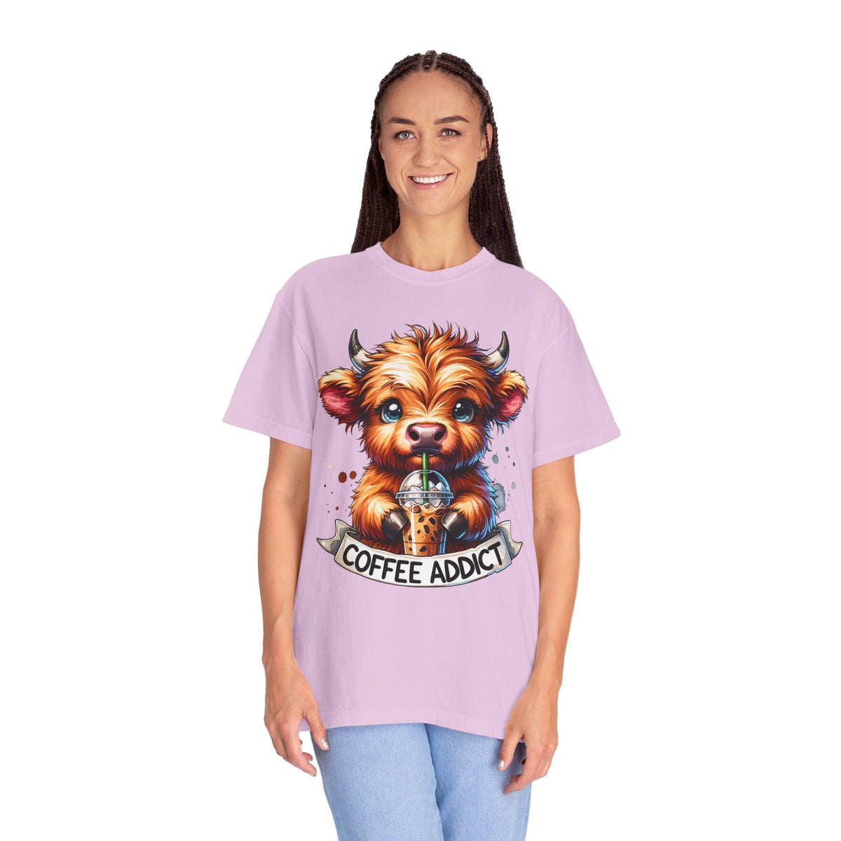 Coffee Addict Highland Cow Drinking Iced Coffee - Comfort Colors | Trendy Women's T-Shirt. Direct to Garment. Printed & Shipped in the USA. Unisex Sizes.