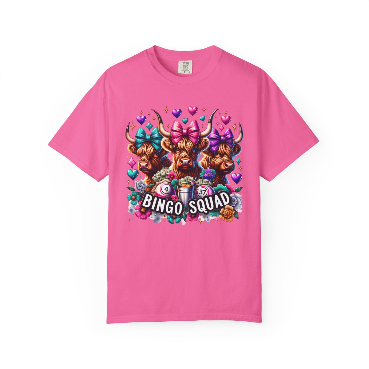 Cute Highland Cows Bingo Squad - Comfort Colors | Trendy Women's T-Shirt. Direct to Garment. Printed & Shipped in the USA. Unisex Sizes.