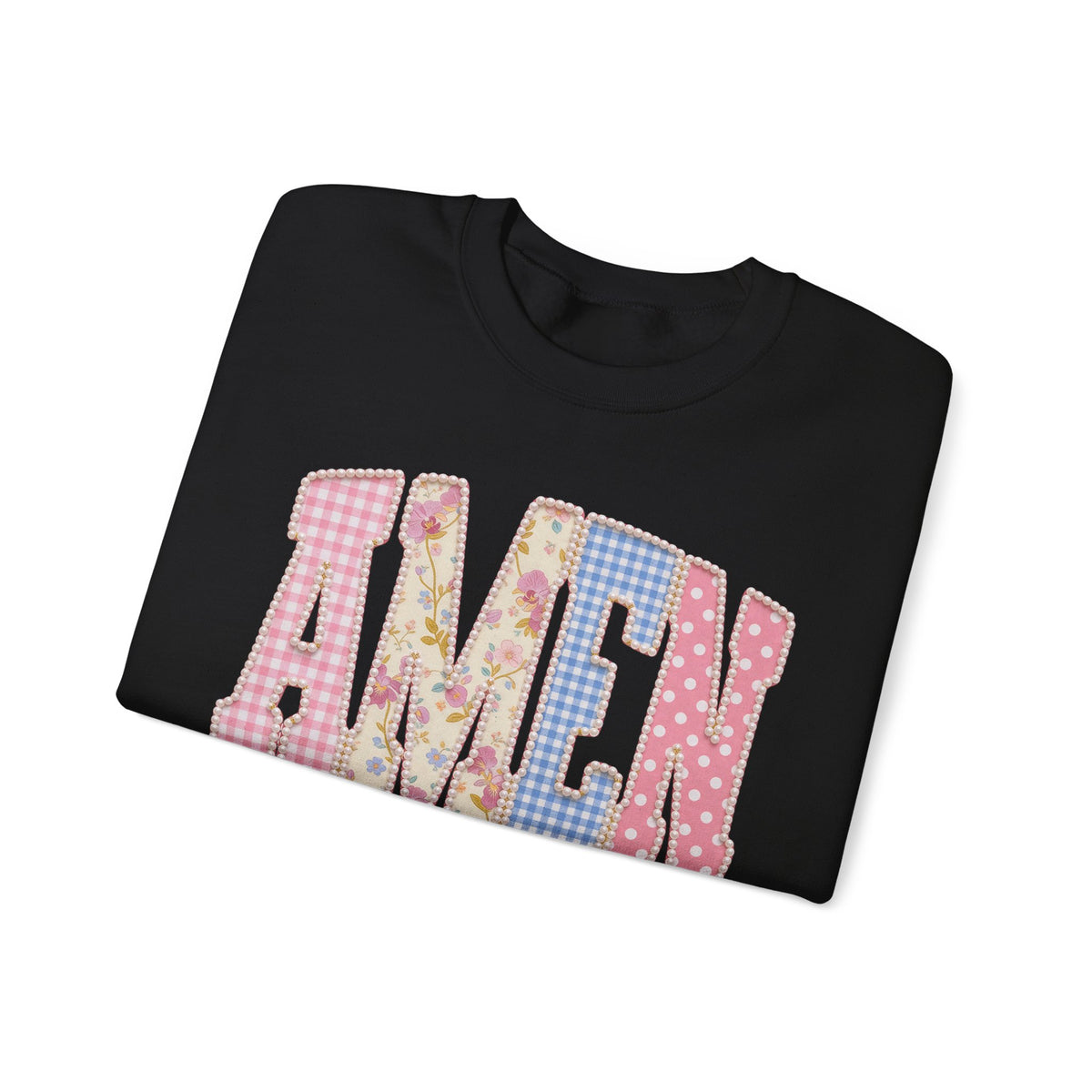 Pastel faux Patchwork AMEN with faux Pearls – Gildan Heavy Blend | Trendy Women’s Soft Sweatshirt. Direct to Garment. Printed & Shipped in the USA. Unisex Sizes.