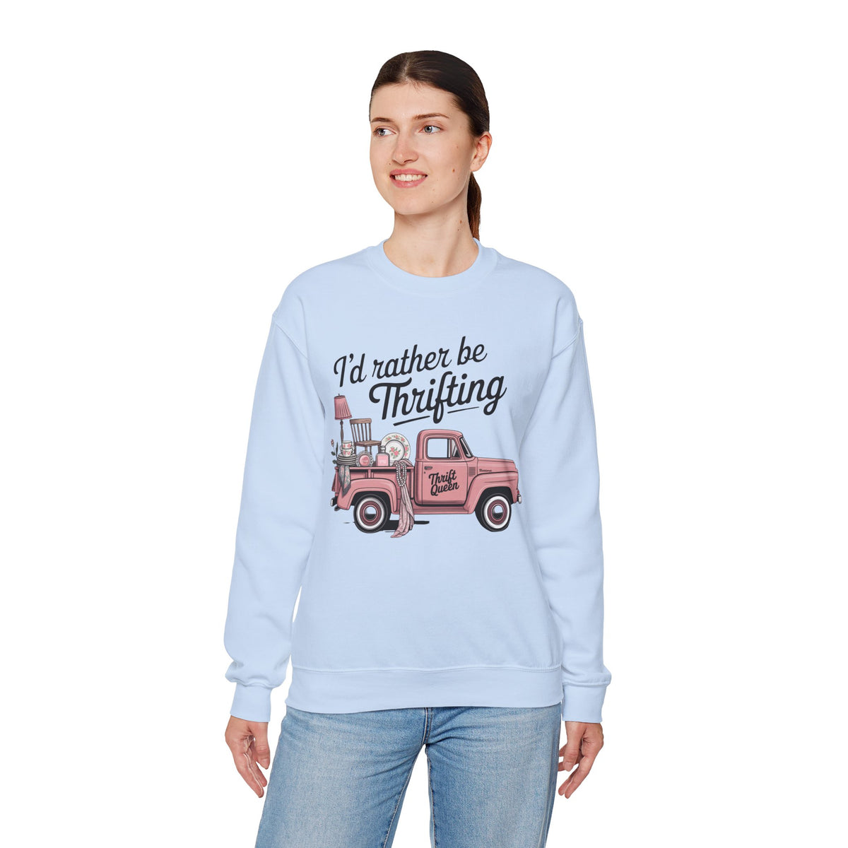 I'd Rather Be Thrifting. Pink Vintage Truck – Gildan Heavy Blend | Trendy Women’s Soft Sweatshirt. Direct to Garment. Printed & Shipped in the USA. Unisex Sizes.