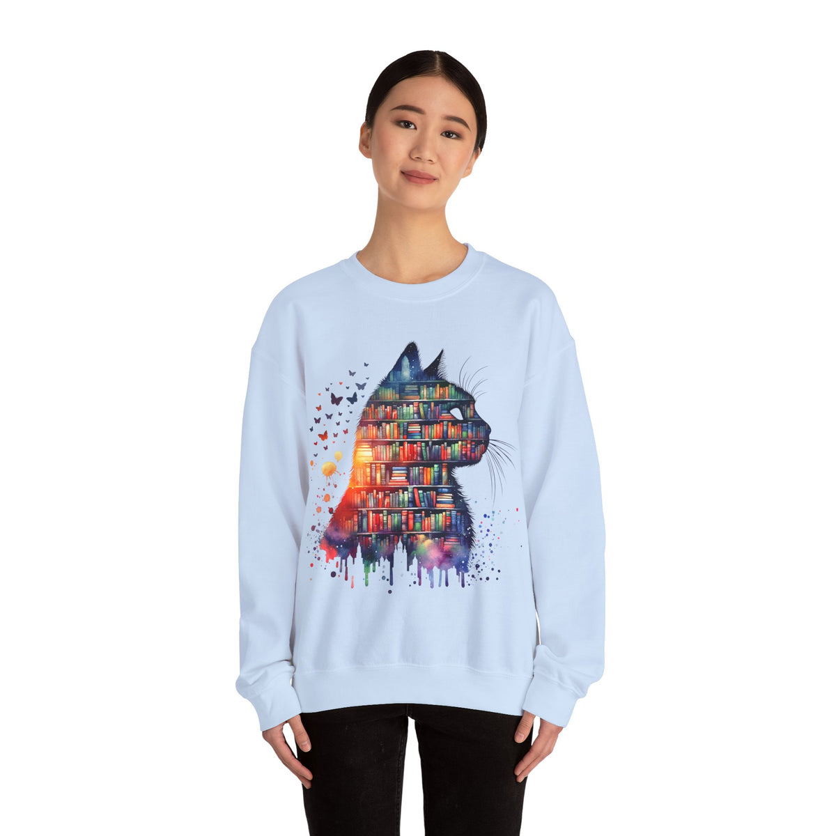 Cat Silhouette for Book Lovers – Gildan Heavy Blend | Trendy Women’s Soft Sweatshirt. Direct to Garment. Printed & Shipped in the USA. Unisex Sizes.