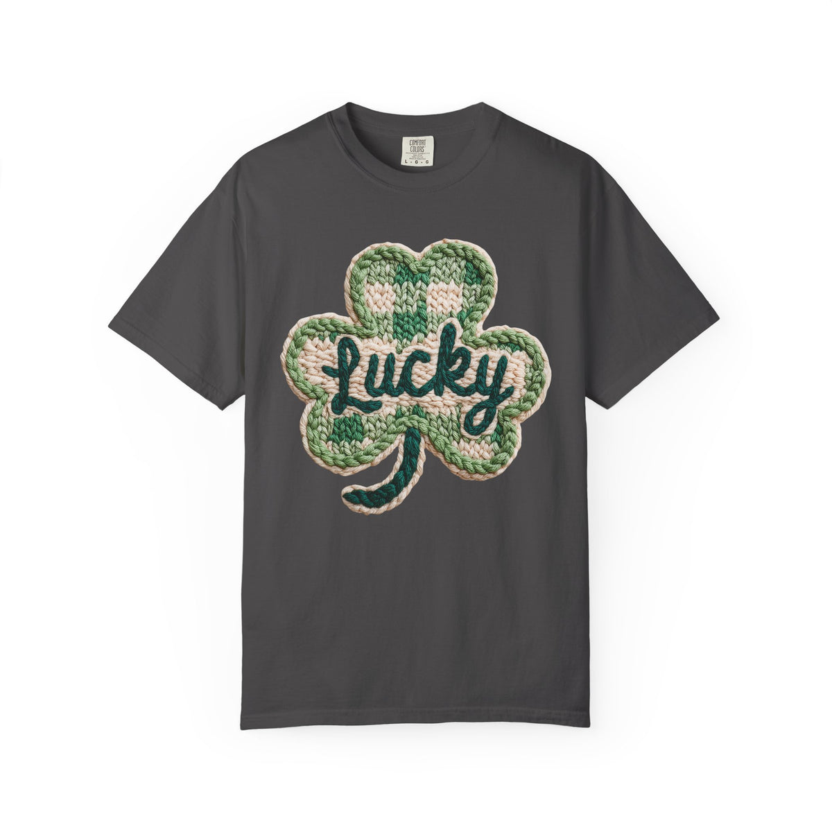 Lucky Shamrock Faux Knit - Comfort Colors | Trendy Men's and Women's T-Shirt. Direct to Garment. Printed & Shipped in the USA. Unisex Sizes.
