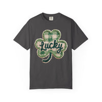 Lucky Shamrock Faux Knit - Comfort Colors | Trendy Men's and Women's T-Shirt. Direct to Garment. Printed & Shipped in the USA. Unisex Sizes.