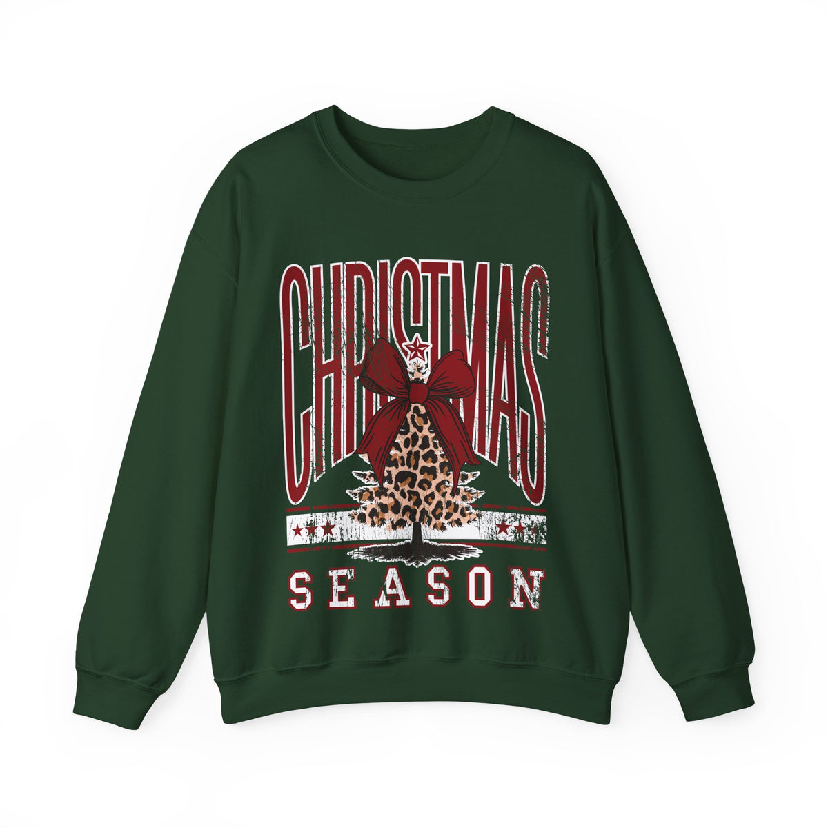 Christmas Season Leopard Tree Distressed – Gildan Heavy Blend | Trendy Women’s Soft Sweatshirt. Direct to Garment. Printed & Shipped in the USA. Unisex Sizes.