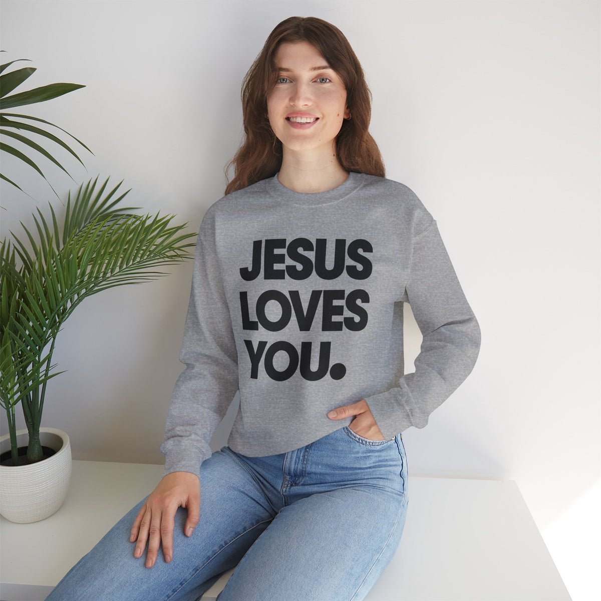 Jesus Loves You – Gildan Heavy Blend | Trendy Women’s and Men's Soft Sweatshirt. Direct to Garment. Printed & Shipped in the USA. Unisex Sizes.