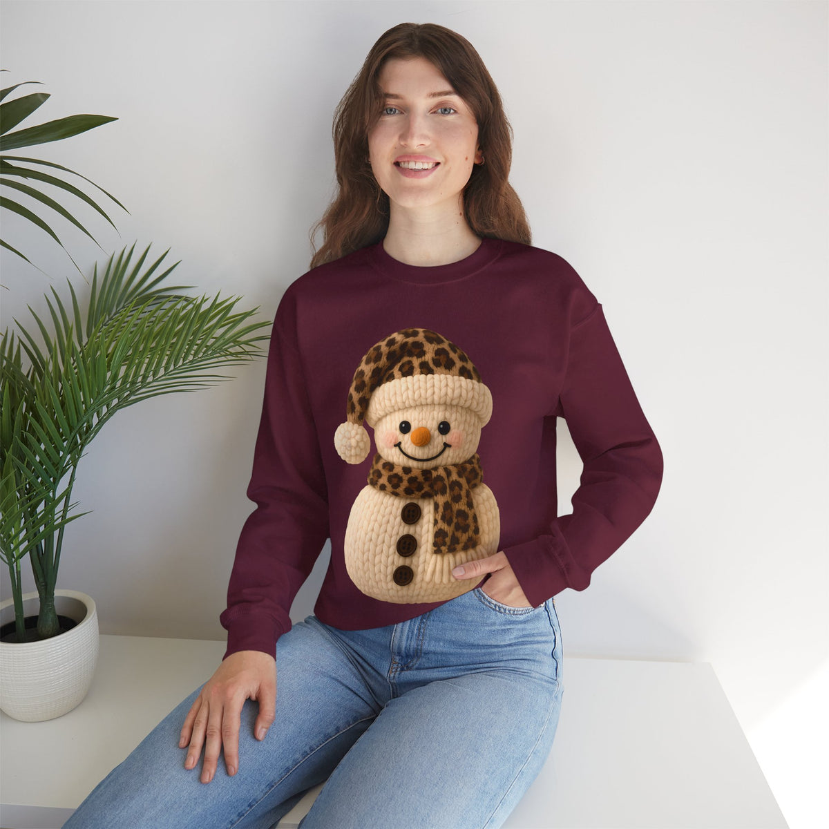 Cute Leopard Faux Knit Snowman Winter – Gildan Heavy Blend | Trendy Women’s Soft Sweatshirt. Direct to Garment. Printed & Shipped in the USA. Unisex Sizes.
