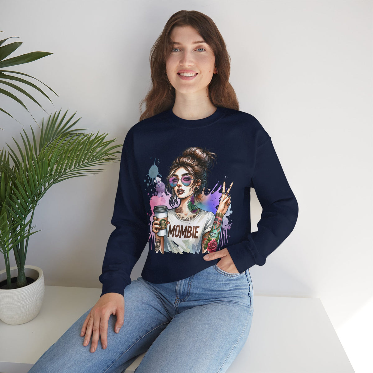Cool Mombie with Coffee Peace Tattoo - Tired Mom – Gildan Heavy Blend | Trendy Women’s Soft Sweatshirt. Direct to Garment. Printed & Shipped in the USA. Unisex Sizes.