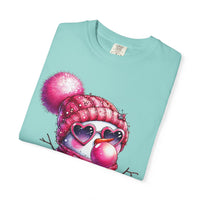 Pink Girly Snowman with Heart Sunglasses and Bubblegum Winter - Comfort Colors | Trendy Women's T-Shirt. Direct to Garment. Printed & Shipped in the USA. Unisex Sizes.