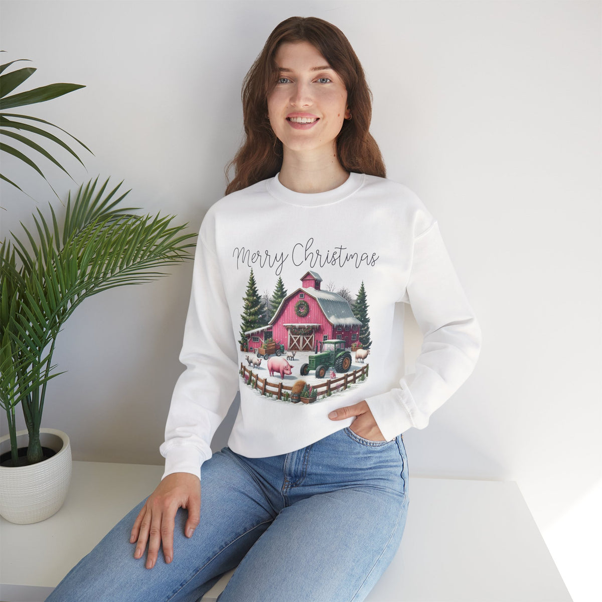 Merry Christmas Pink Barn Farm Animals – Gildan Heavy Blend | Trendy Women’s Soft Sweatshirt. Direct to Garment. Printed & Shipped in the USA. Unisex Sizes.