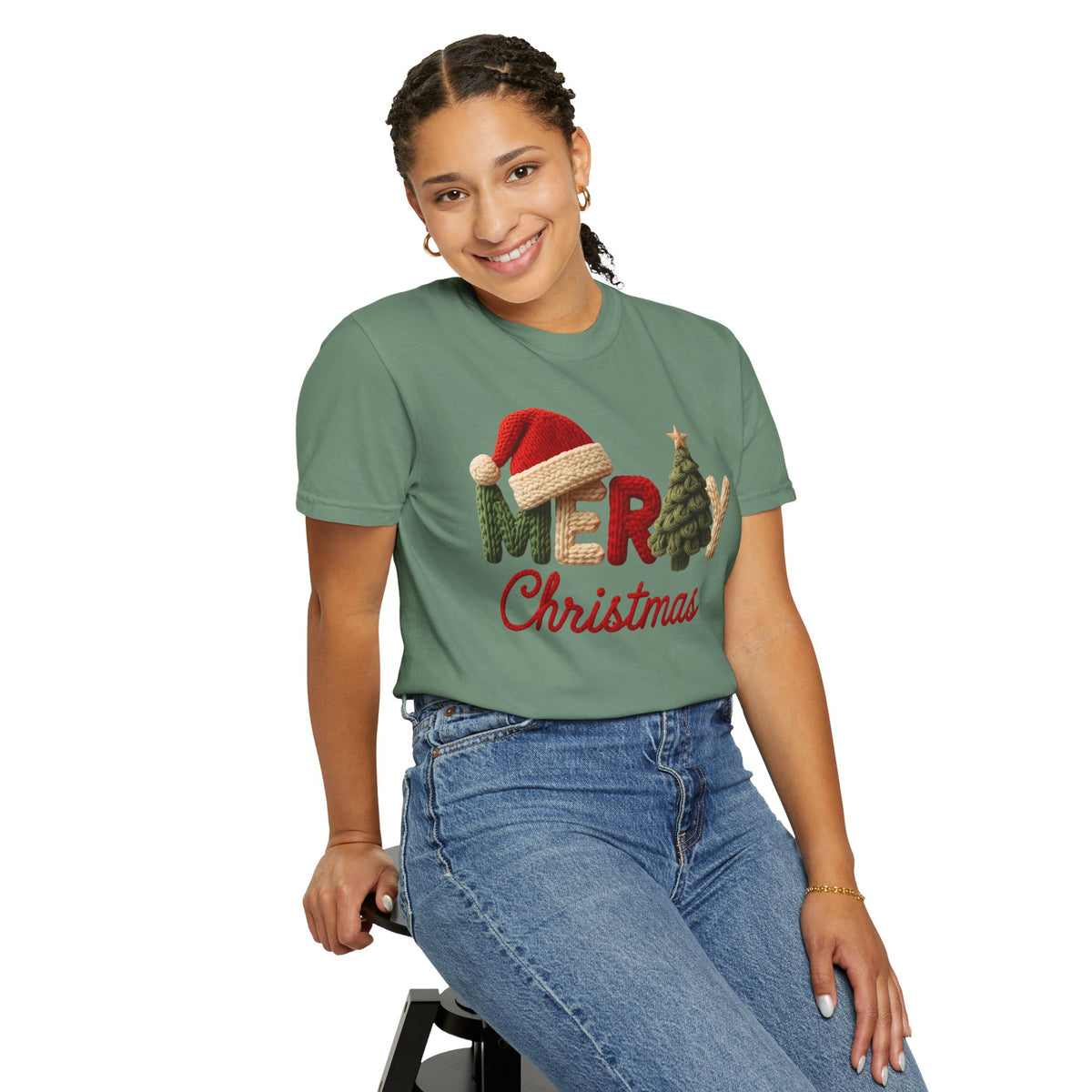 Merry Christmas Faux Yarn w/Santa Hat & Tree - Comfort Colors | Trendy Women's T-Shirt. Direct to Garment. Printed & Shipped in the USA. Unisex Sizes.