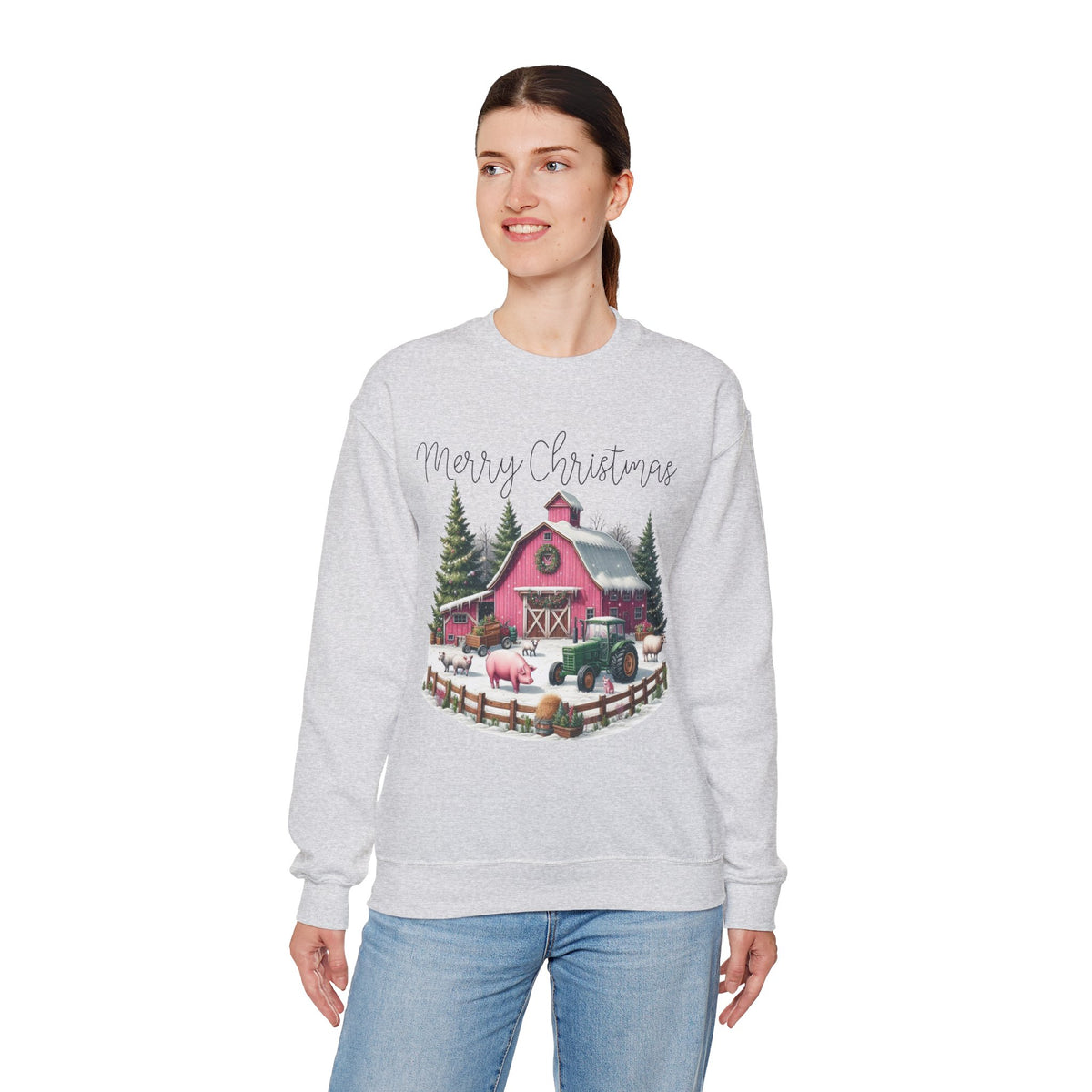 Merry Christmas Pink Barn Farm Animals – Gildan Heavy Blend | Trendy Women’s Soft Sweatshirt. Direct to Garment. Printed & Shipped in the USA. Unisex Sizes.