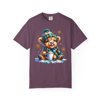 Winter Baby Highland Cow with Cocoa  - Comfort Colors | Trendy Women's T-Shirt. Direct to Garment. Printed & Shipped in the USA. Unisex Sizes.