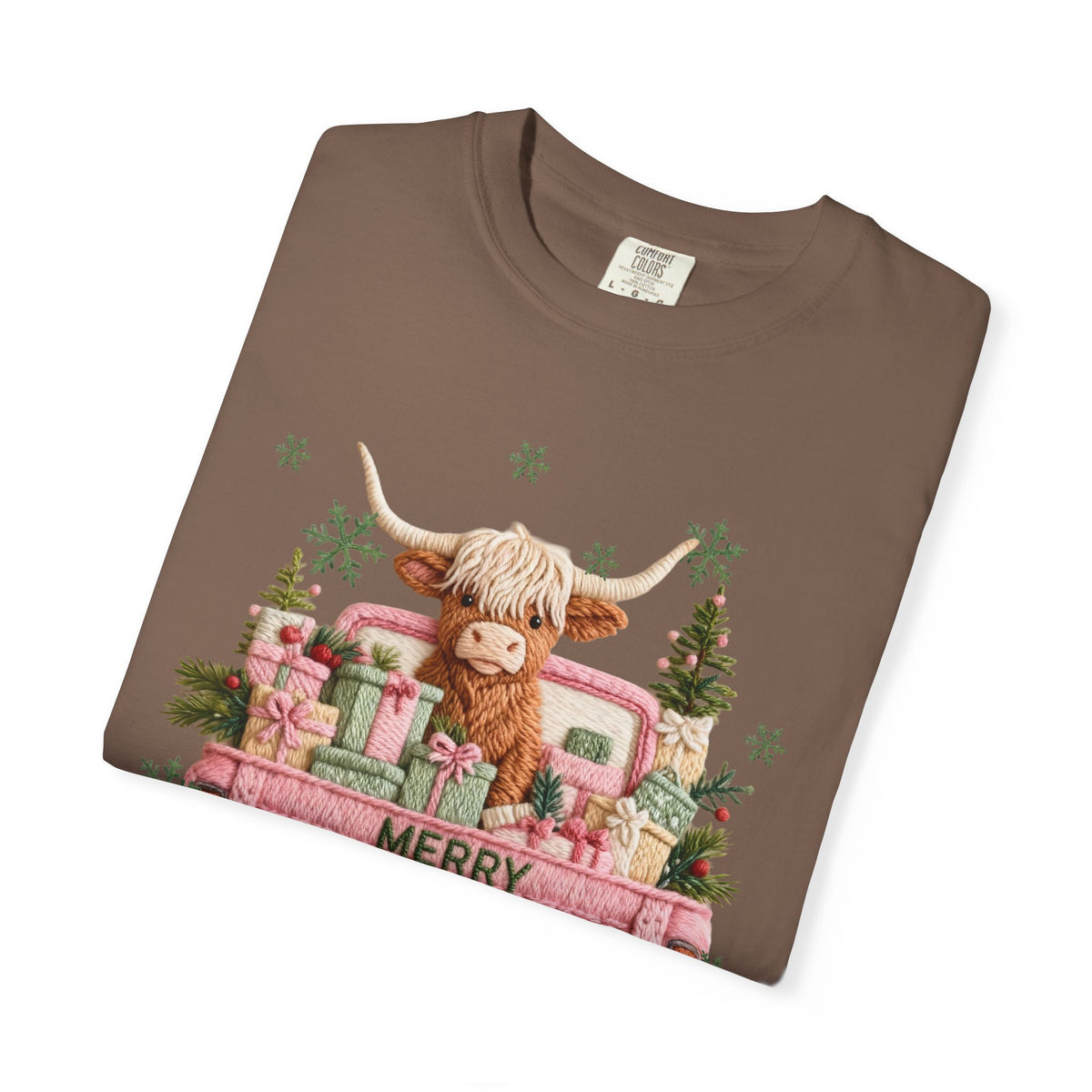 Highland Cow in Pink Truck Merry Christmas Holiday Farmhouse - Comfort Colors | Trendy Women's T-Shirt. Direct to Garment. Printed & Shipped in the USA. Unisex Sizes.