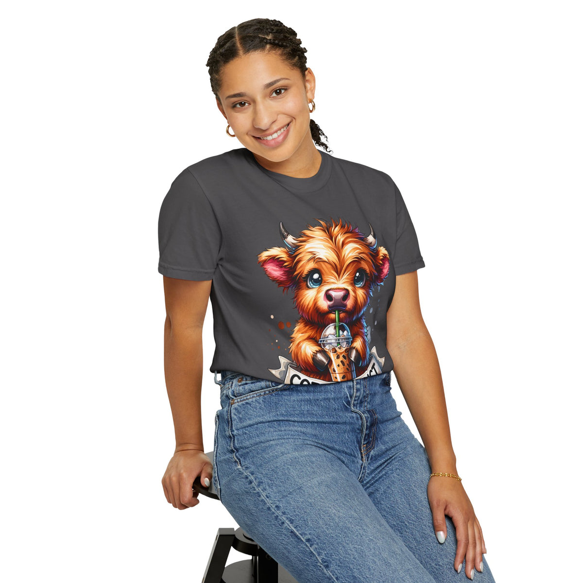 Coffee Addict Highland Cow Drinking Iced Coffee - Comfort Colors | Trendy Women's T-Shirt. Direct to Garment. Printed & Shipped in the USA. Unisex Sizes.